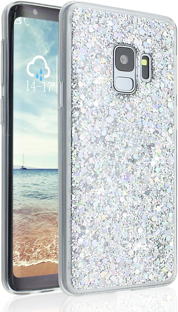 Galaxy S9 Phone Case, Moon mood Samsung S9 Sparkly Silicone Back Case Ultra Slim Soft Gel TPU + Bling Acrylic Grip Case for Samsung Galaxy S9 G9600 5.8 inch - Silver
