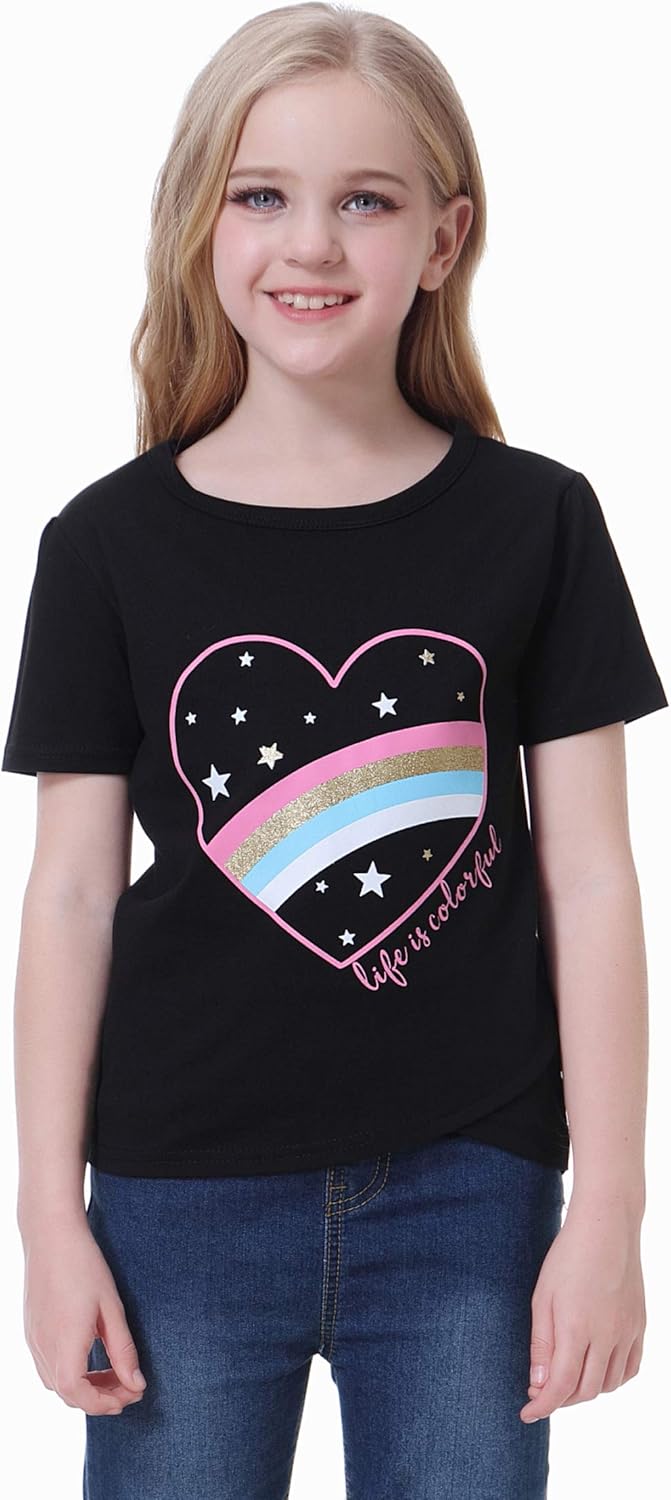 MyFav Girls Casual Short Sleeve Cute Print T-Shirts Round Neck Loose Tunic Tops for 6-15 Years: Clothing