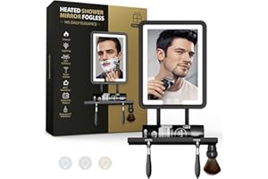ZHENYEMEI Shower Mirror Fogless for Shaving with Light - Heated Anti Fog Bathroom Mirror Razor Holder Recharegable 5000mAh Battery 3 Colors Dimmable Adhesive Wall Mount Shower Accessories Gift for Men(Black)