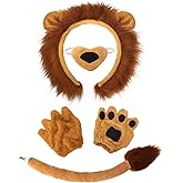 ODESABO 4 Pcs Lion Costume for Adult,Lion Ears Headband,Nose,Paw Gloves,Tail, Animal Halloween Cosplay Party Accessories Brown
