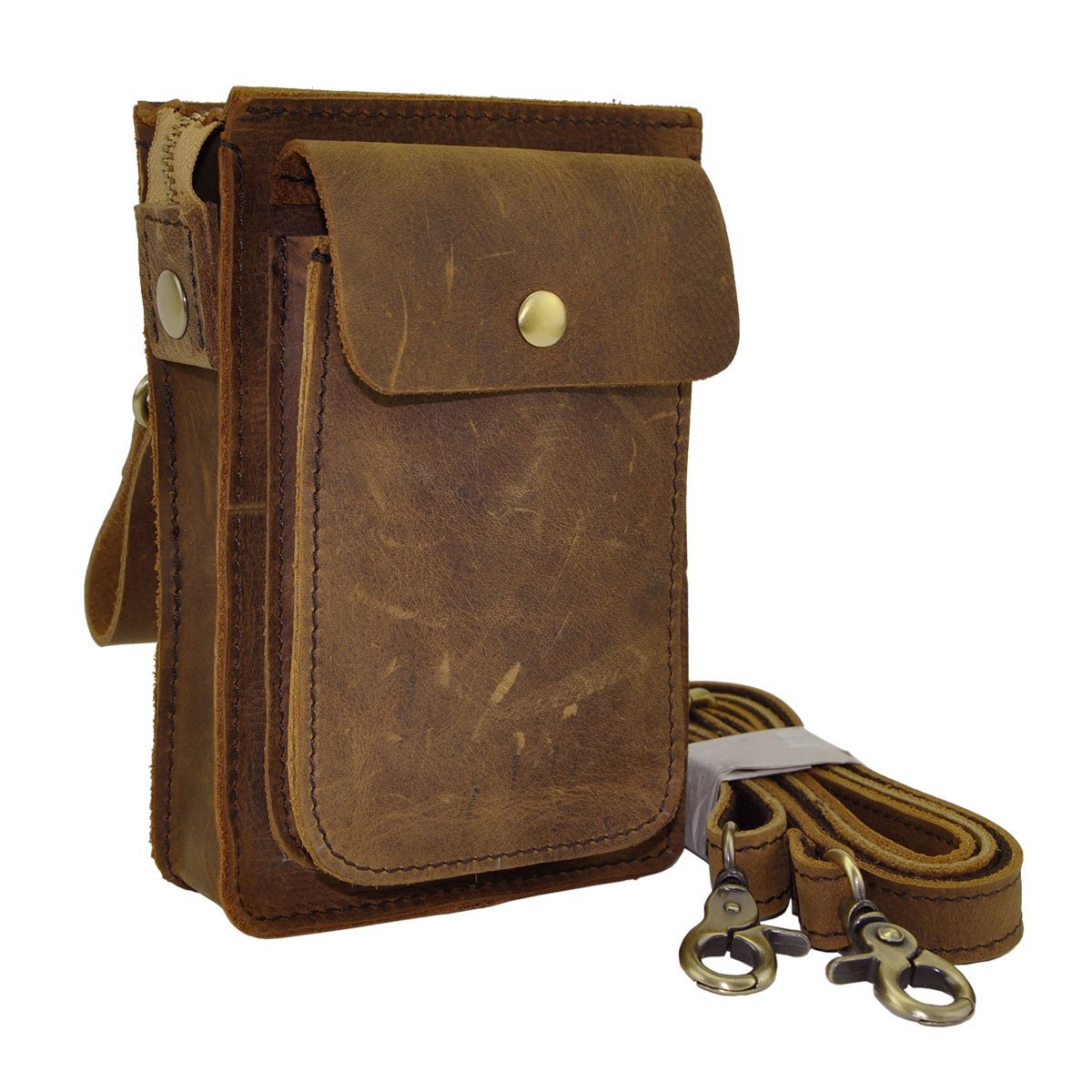 Le'aokuu Men Quality Leather Small Travel Outdoor Hip Bum Belt Waist Pack Satchel Messenger Bag Phone Pouch 021 (A2 Light Brown)