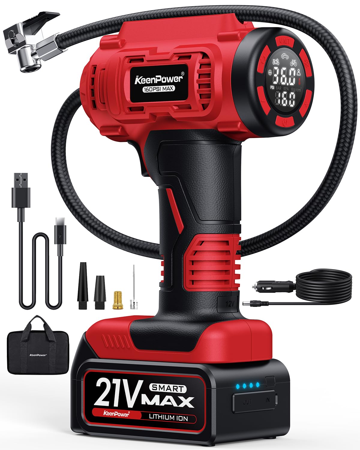 Photo 1 of KeenPower Cordless Tire Inflator Portable Air Compressor, 160PSI Car Tire Air Pump, 21V Rechargeable Battery Powered Air Compressor, Dual Power, Larger HD Digital Gauge w/4+N Smart Modes (Red)