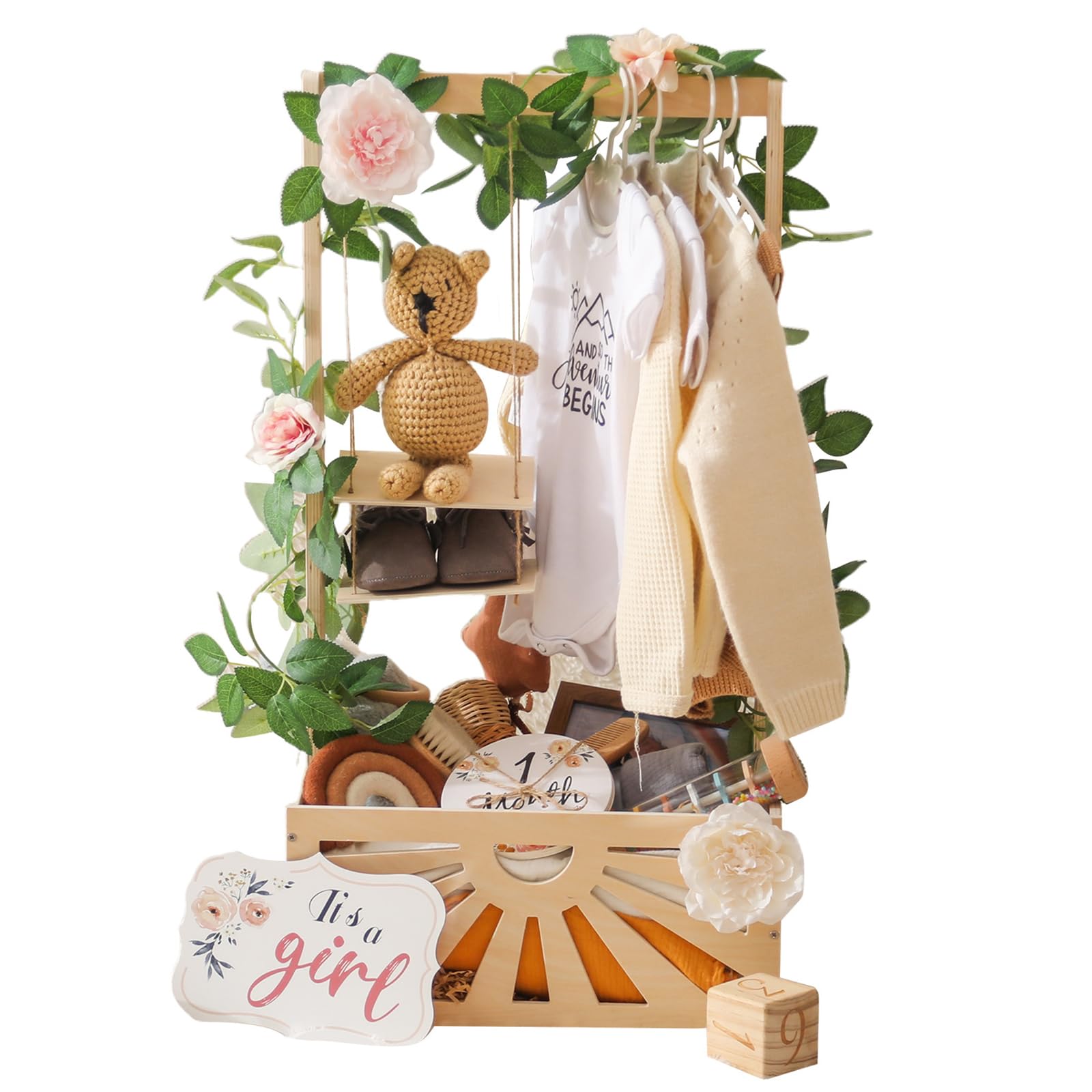OESSUF Wooden Crate Baby Girls Shower Basket,Baby Hamper Closet with Adjustable Handle Baby Storage Crate Clothes Hanger Gift Wraping Basket Pregancy Newborn Gifts (Hollow Sun with Flower)