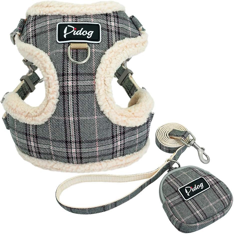 Didog Soft/Cosy Dog Vest Harness and Leash Set with Cute Bags,No Pull Escape Proof Breathable Mesh Dog Harness,Classic Plaid/Back Openable,Fit Walking Small Dogs, Cats,Gray,M