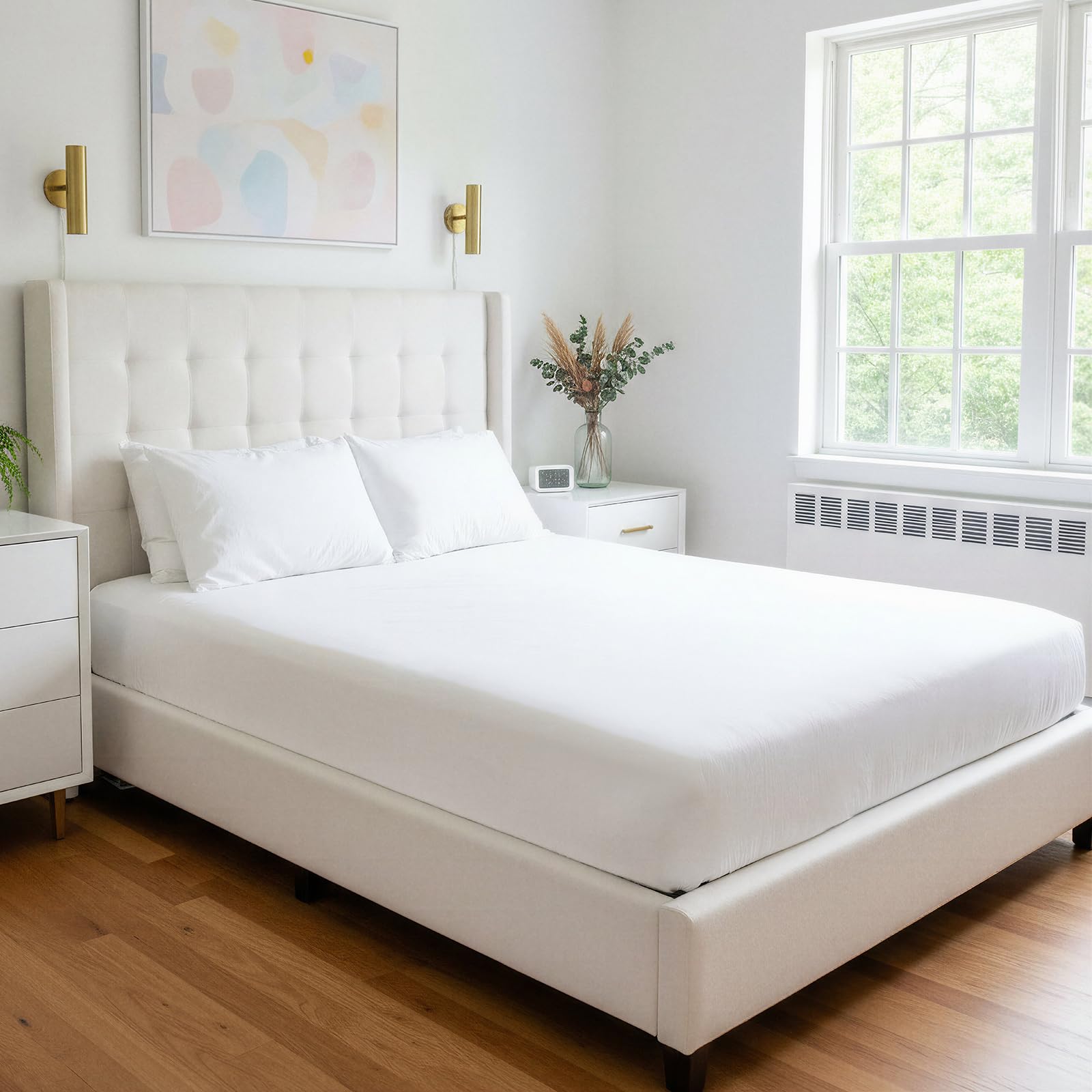 Pizuna Luxury Cotton Emperor Size Fitted Sheets White, 800 Thread Count 100% Long Staple Cotton Emperor Fitted Sheets 200x200cm, Sateen Weave Fitted Sheet Extra Deep 40 cm 1 PC White