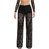 GORGLITTER Women's Lace Pants Sheer Mesh Wide Leg Pants See Through High Waist Going Out Grunge Trousers