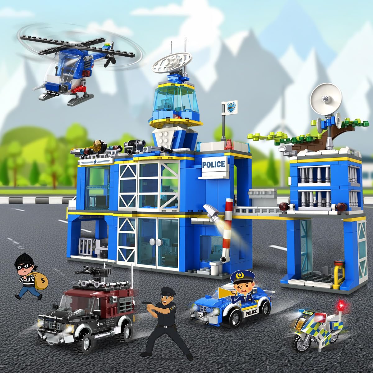 HOGOKIDS Polizeistation Bausatz – City-Polizei Baustein-Spielzeug für Jungen mit Hubschrauber, Motorrad, Auto Pädagogisches Konstruktionsspielzeug Kreativ-Geschenk für Kinder Jungen ab 6-10+ Jahren 6