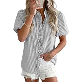 Astylish Women Striped Blouses Spring Summer Ruffle Collar Puff Sleeve Button Down Shirts Business Casual Tops
