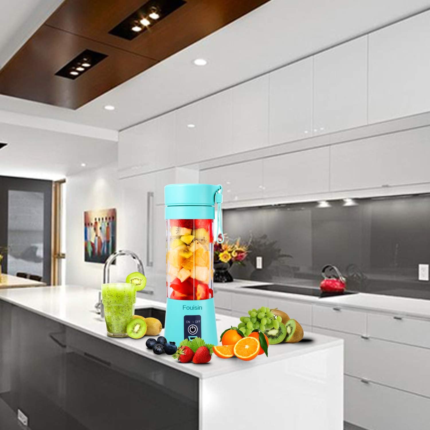 Portable Personal Blender, Household Juicer Fruit Shake Mixer -Six Blades, 380ml Baby Cooking Machine with USB Charger Cable (Cyan): Kitchen & Dining