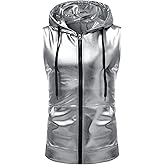 ZEROYAA Mens Shiny Metallic Zip Up Sleeveless Hooded Vest T Shirt with Kangaroo Pocket