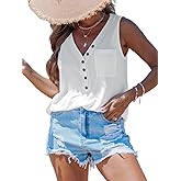 CUPSHE Women's Casual Tops Summer Sleeveless V Neck Botton Down T Shirts Going Out Top Blouses with Pockets Vacation Outfits