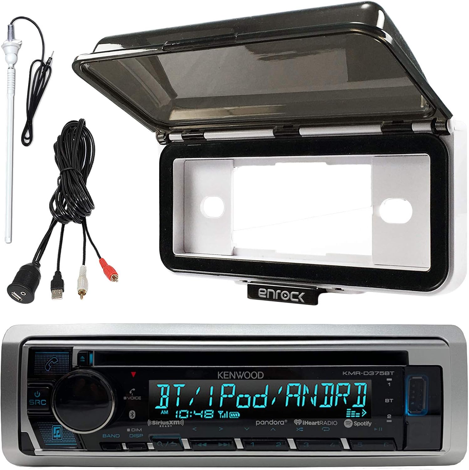 Kenwood KMR-D368BT in-Dash Marine Boat Audio Bluetooth CD Player Receiver with Waterproof Protective Cover Bundle Combo with Enrock USB/AUX to RCA Interface Mount Cable + 45" Radio Antenna Mast