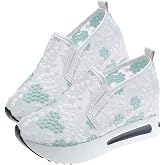 Women's Slip On Mesh Sneakers with Floral Embroidery, Breathable Platform Shoes with Hidden Wedge Heel for Daily Wear