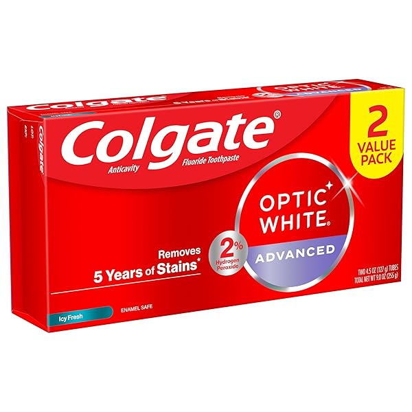 COLGATE OPTIC WHITE ADVANCED TEETH WHITENING TOOTHPASTE, 2% HYDROGEN PEROXIDE TOOTHPASTE, ICY FRESH, 4.5 OZ, 2 PACK