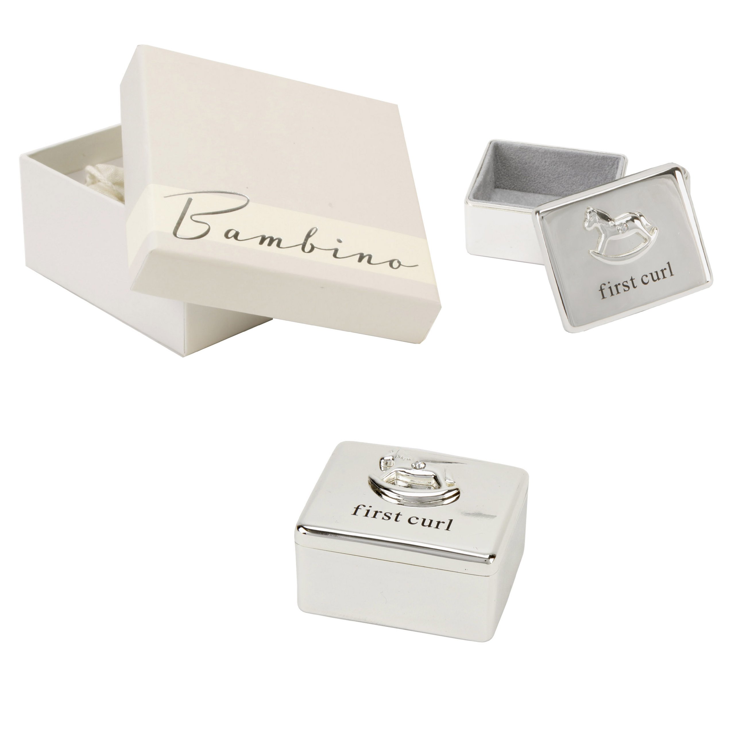 Bambino Baby Christening Gifts. Silverplated First Curl Keepsake Box with Rocking Horse Decoration