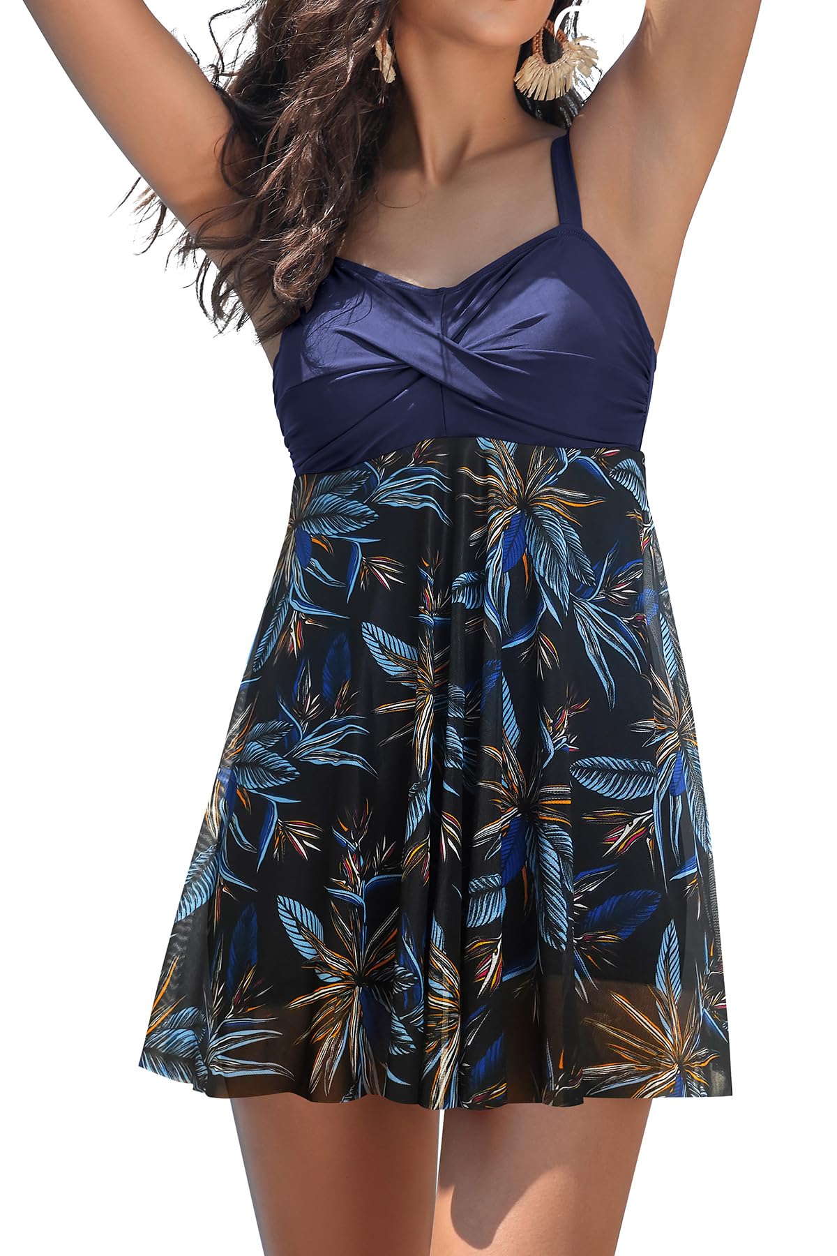 Photo 1 of SHEKINI Women's Twist Front One Piece Swimsuit Dress Net Yarn Printing Bathing Suit?Dark Blue-Printing?XL?