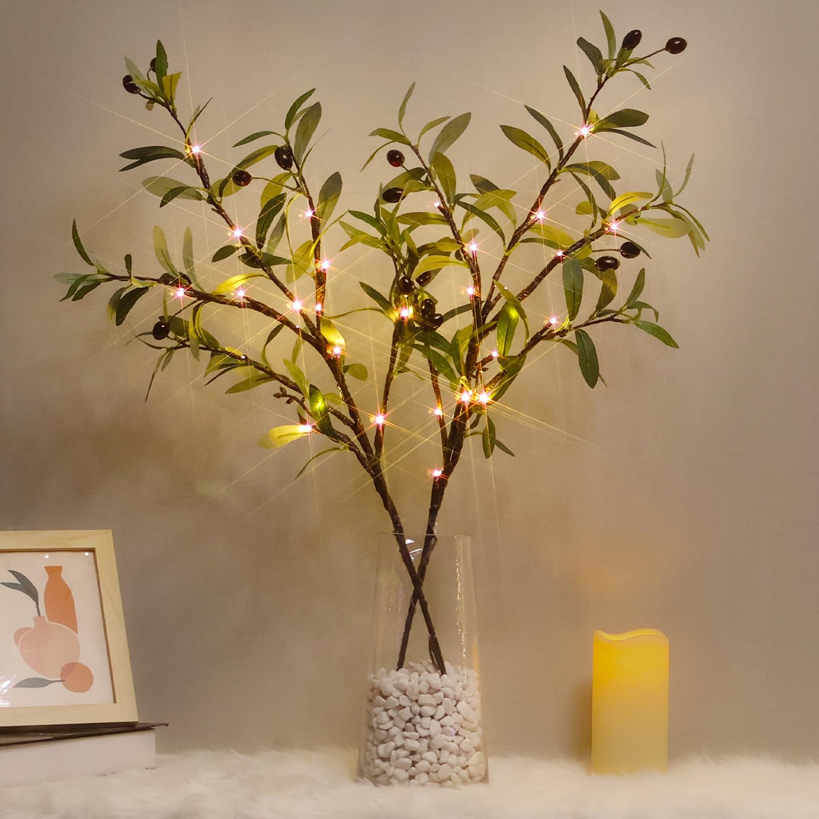 Photo 1 of Lighted Olive Branches for Vases, 32 Inch Olive Branches with 32 LED Lights, Battery Powered Artificial Branch, Prelit Tree Branch for Home Wedding Indoor Outdoor Spring Decorations, Timer
