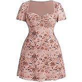 WDIRARA Women's Plus Size Vintage Floral Mesh Mini Dress Short Sleeve Ruched A Line Dresses