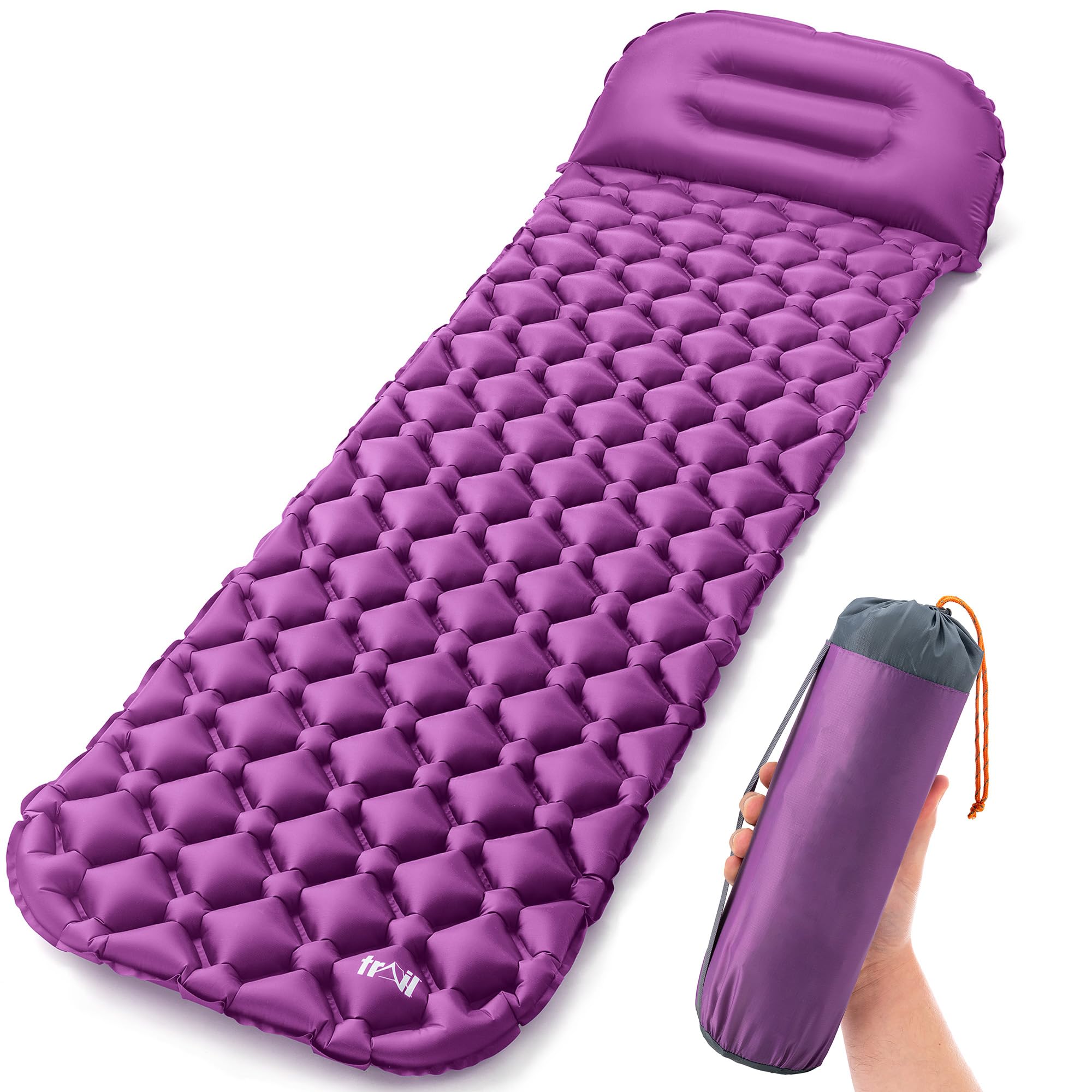 Lightweight Sleeping Mat With Pillow, Ultra Light Inflatable Camping Pad, Outdoor Hiking Backpacking Festival Air Mattress, Waterproof TPU, 190cm x 56cm x 5.5cm, 520g (Purple)