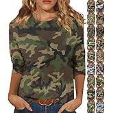 slqdgmryz 3/4 Length Sleeve Womens Tops Camo Shirt Printed Crew Neck T Shirts Loose Three Quarter Casual Dressy Blouses