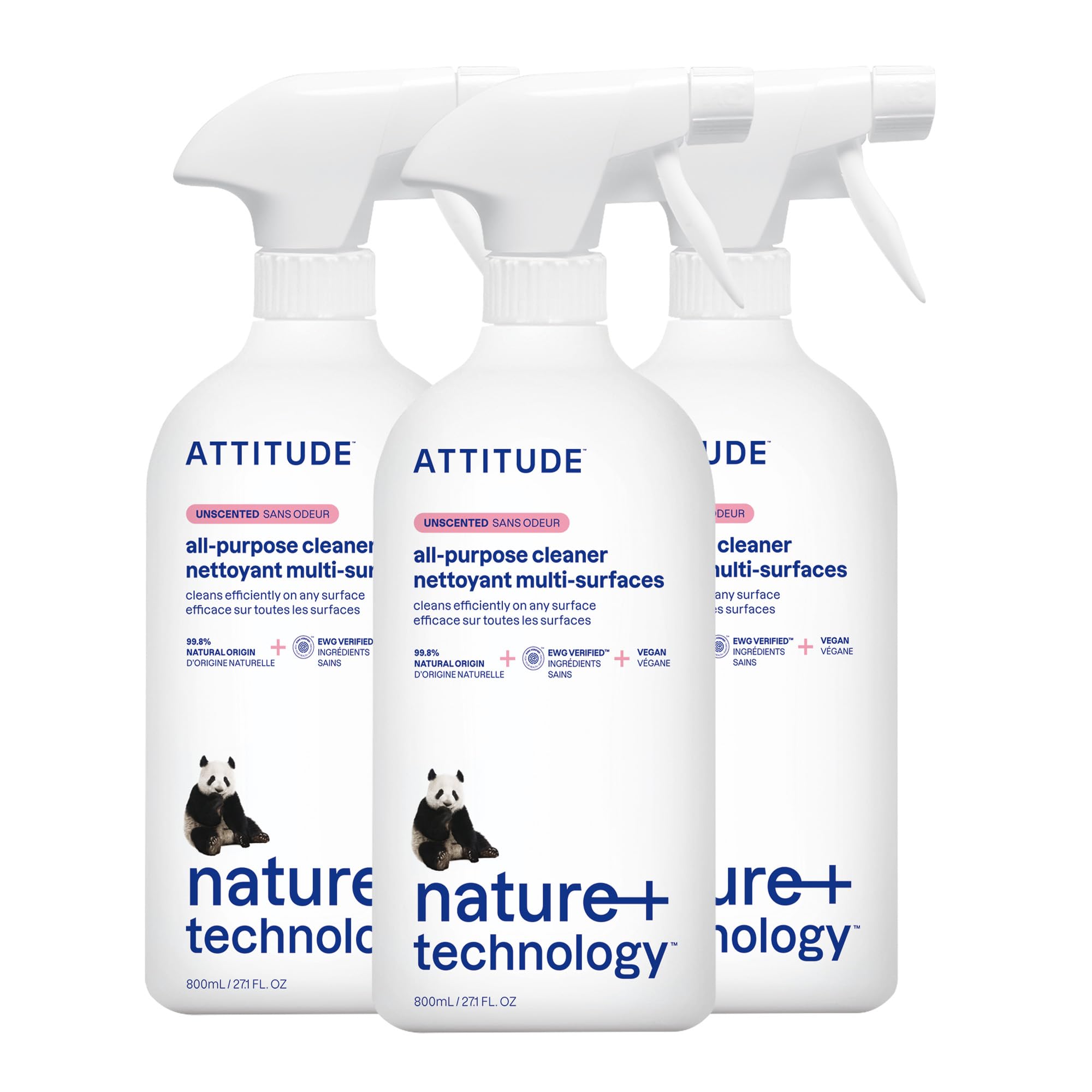 Photo 1 of ATTITUDE All Purpose Cleaner Spray, EWG Verified, Vegan, Made with 94% Plant-Based Ingredients, Streak-Free for Kitchen, Bathroom, Glass & More, Unscented, 27.1 Fl Oz (Pack of 3)