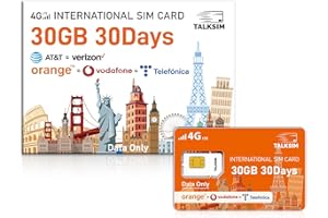 TALKSIM International Data SIM Card 30GB 30Days, 5G/4G LTE Coverage in USA and 49 Countries |UK, Europe, Asia, Oceania Prepaid Travel Data Only SIM Card for Portable WiFi Mobile Hotspot, Tablet, No Contract