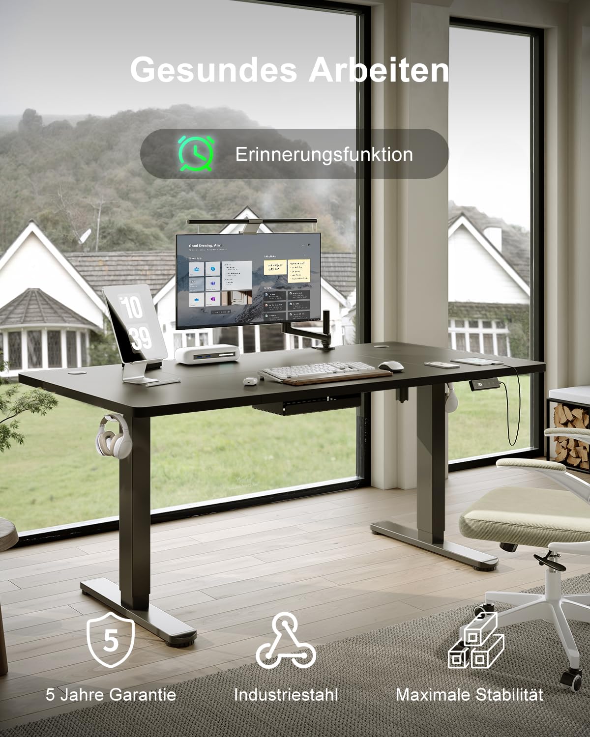 Devoko Höhenverstellbarer Schreibtisch 140x80cm mit Typ-C Ladeanschluss, Schreibtisch Höhenverstellbar Elektrisch, Mobiler Elektrisch Computertisch mit Kabel Management Tray, Schwarz 3