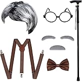 hoyuwak 7 PCS 100 Days of School Costume Old Man Costume with Gray Old Man Wig Cane Bow tie Moustache Eyebrows Suspender and Glasses for Halloween School Dress Up