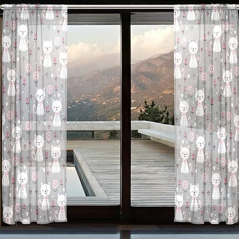 Jumbear Door Semi Sheer Curtains Cute Cat Flower Printed Polyester