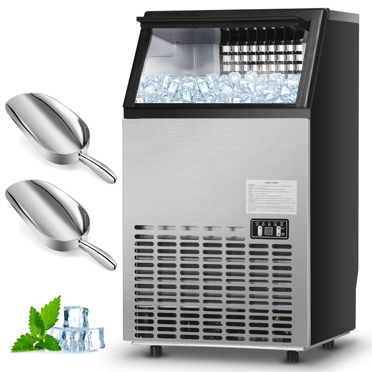 Costzon Commercial Ice Maker, Built-In Stainless Steel Ice Maker w/ 2 Aluminum Ice Scoops, 110LBS/24H, 33LBS Storage Capacity, Free-Standing Design for Party Gathering, Restaurant, Bar, Coffee Shop