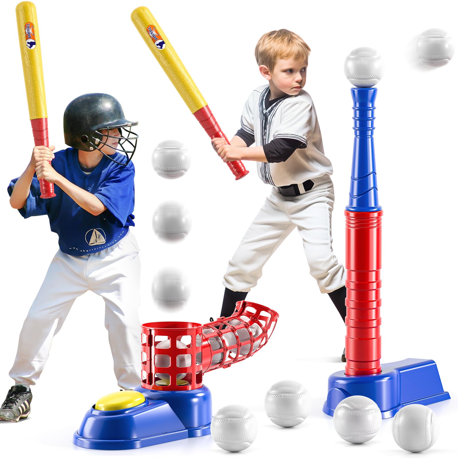 TEMI 2 in 1 Tee Ball Set for Kids 3-8, Kids Baseball T-Ball Set with 10 Balls, Step on Pitching Machine, Batting Tee, Outdoor Sport Toy Games for 3-12 Year Old Boys Girls Toddlers
