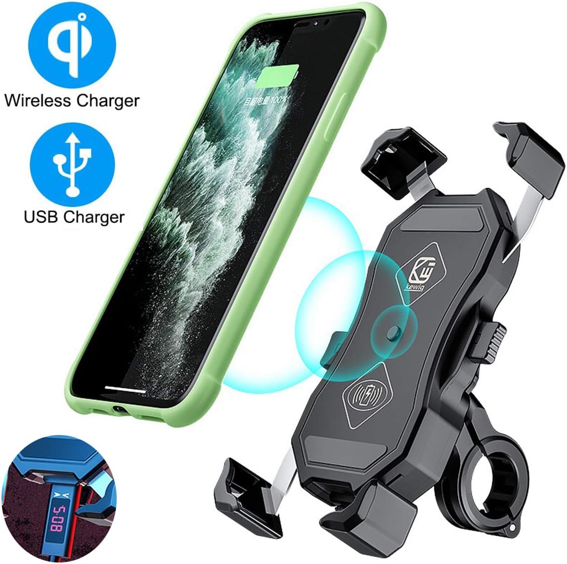 Upgraded Motorcycle Phone Holder with 15W QI Wireless charge and USB Quick Charger 3.0, Motorcycle Phone Mount for 4-7 inch Cellphone,Fit for 22-32mm Handlebar