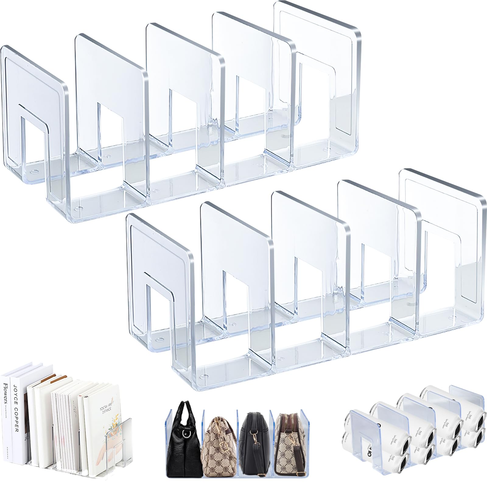 Elezeal 2pcs Clear Acrylic Magazine Holder, Desktop File Organizer Thick File Sorter Book Holder for Bottle Tray, Kitchen Lid Organizer, Small Handbag Clutch Bag Divider, Purse Stand Rack