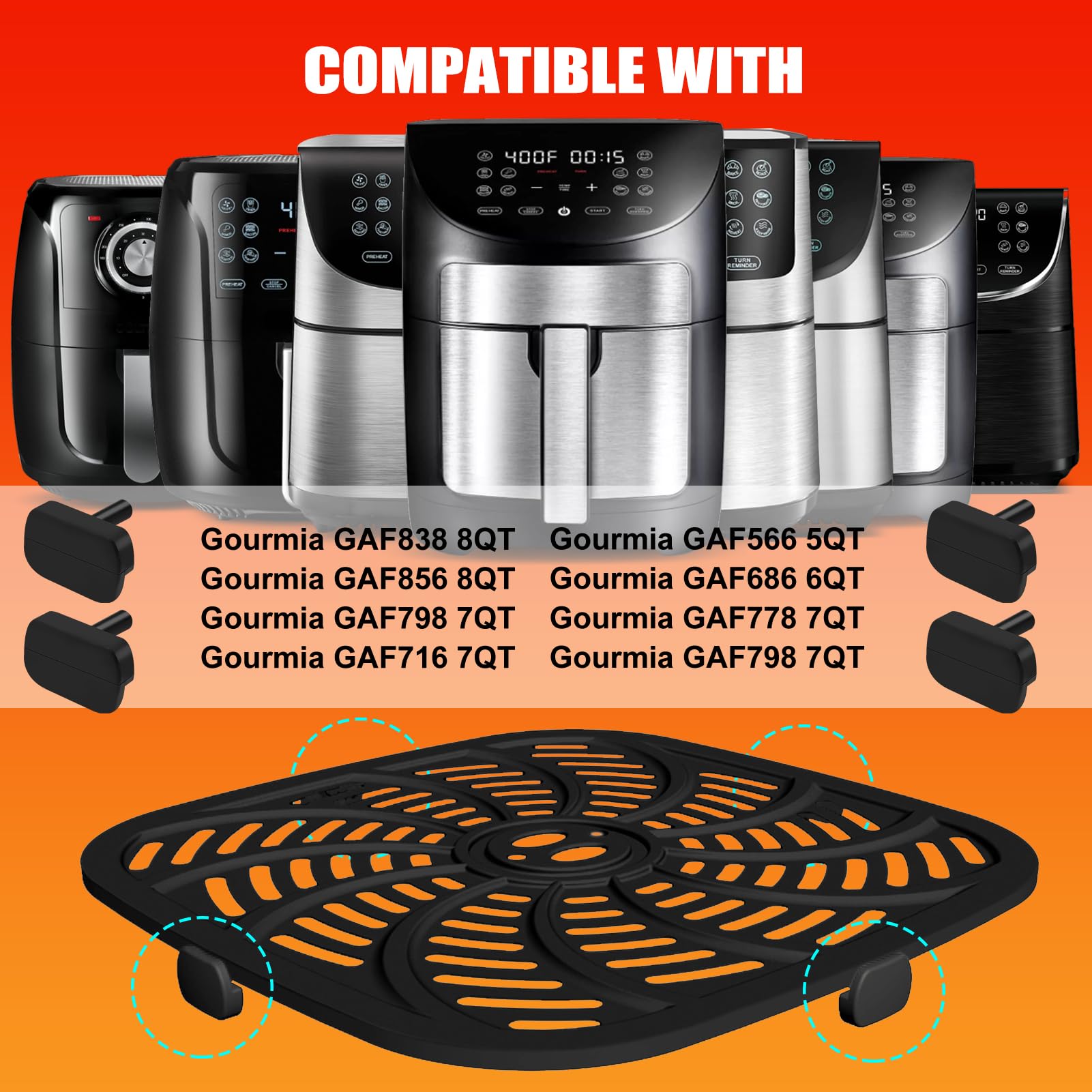 Air Fryer Rubber Feet for Gourmia GAF686 GAF798 GAF838 Air Fryer Oven etc, 4 PCS Heat Resistant Food Grade Anti-scratch Silicone Air Fryer Replacement Parts Tabs Tips Accessories Covers