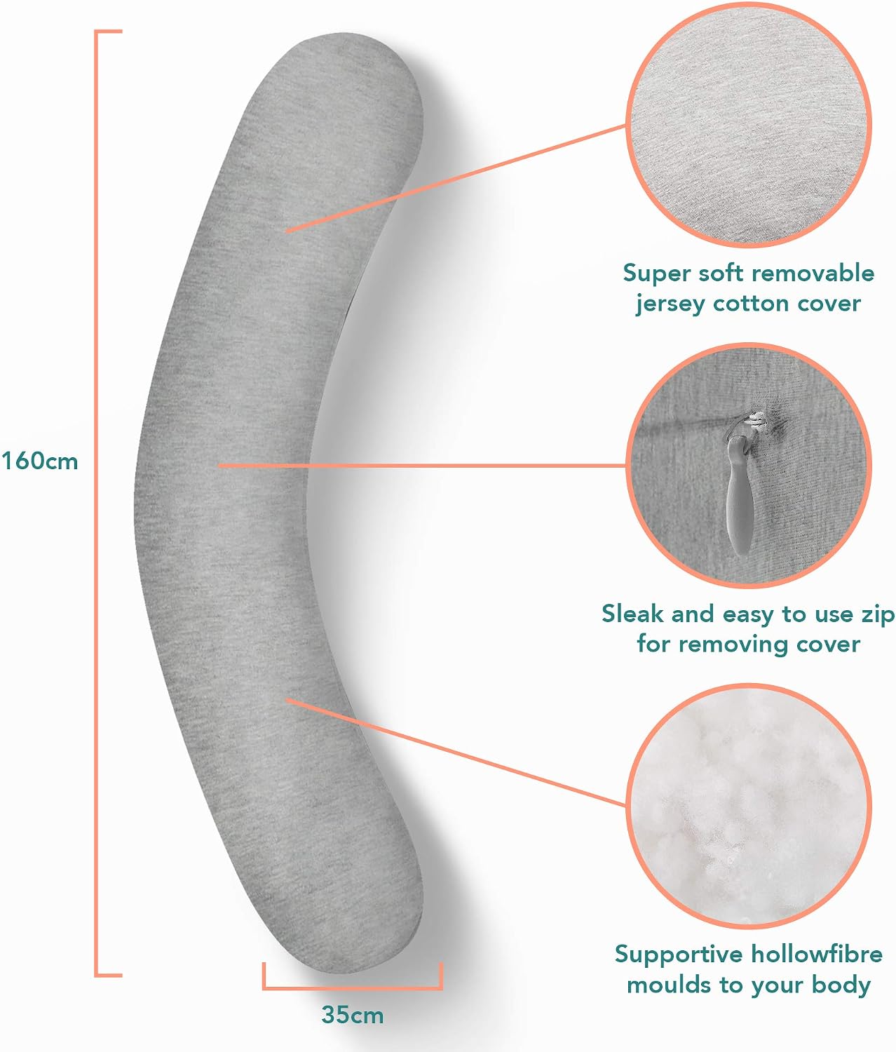 Kallysleep Full Body Sleep Pillow, Best Orthopaedic Pillow for Pregnancy Neck & Back Pain, Recovery Support, 145 x 35cm, Grey - Image 4