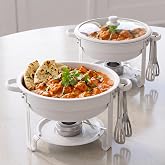 5QT Round Chafing Dish Set 2-Pack, Buffet Server, White Granite &amp; Tongs | Tool-Free Setup | Hot &amp; Cold Serving | Dual-Pan Design | Easy Cleanup | Great for Entertaining