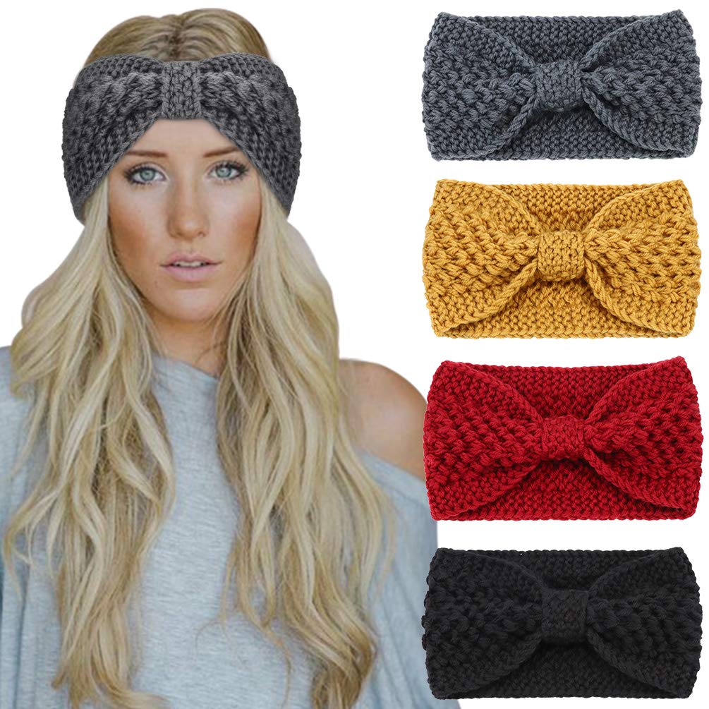 DRESHOW 4 Pack Crochet Knit Turban Headband Warm Bulky Crocheted Head Wrap Headband Ear Warmer for Women