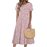 Zeagoo Womens Casual Dresses for Summer Short Sleeve Flare Midi Dress Loose Beach Sundress Pleated Front Dress with Pockets