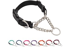 Yunleparks Martingale Dog Collar with Quick Release Buckle Steel Chain No Pull Training Reflective Collar for Medium Large Dogs(Black, Medium)