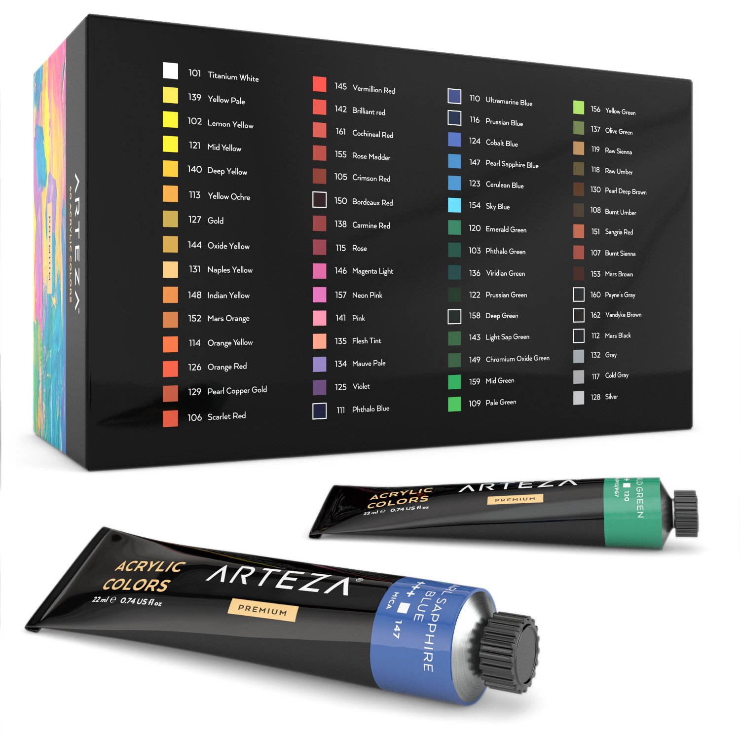 ARTEZA Acrylic Paint, Set of 60 Colors/Tubes (22 ml, 0.74 oz.) with