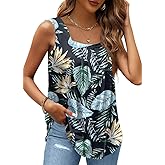 AGSEEM Summer Tank Tops for Women Loose Fit Pleated Square Neck Sleeveless Tops Curved Hem Flowy