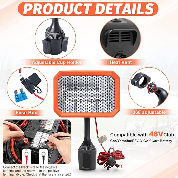 48V GOLF CART HEATER GOLF CART ACCESSORIES, 400W SAFE & FAST HEATING ELECTRIC HEATERS FOR GOLF CART, BATTERY OPERATED HEATER WITH 360° ADJUSTABLE ANGLE CARBON FIBER HEATING FOR CLUB CAR/YAMAHA/EZGO