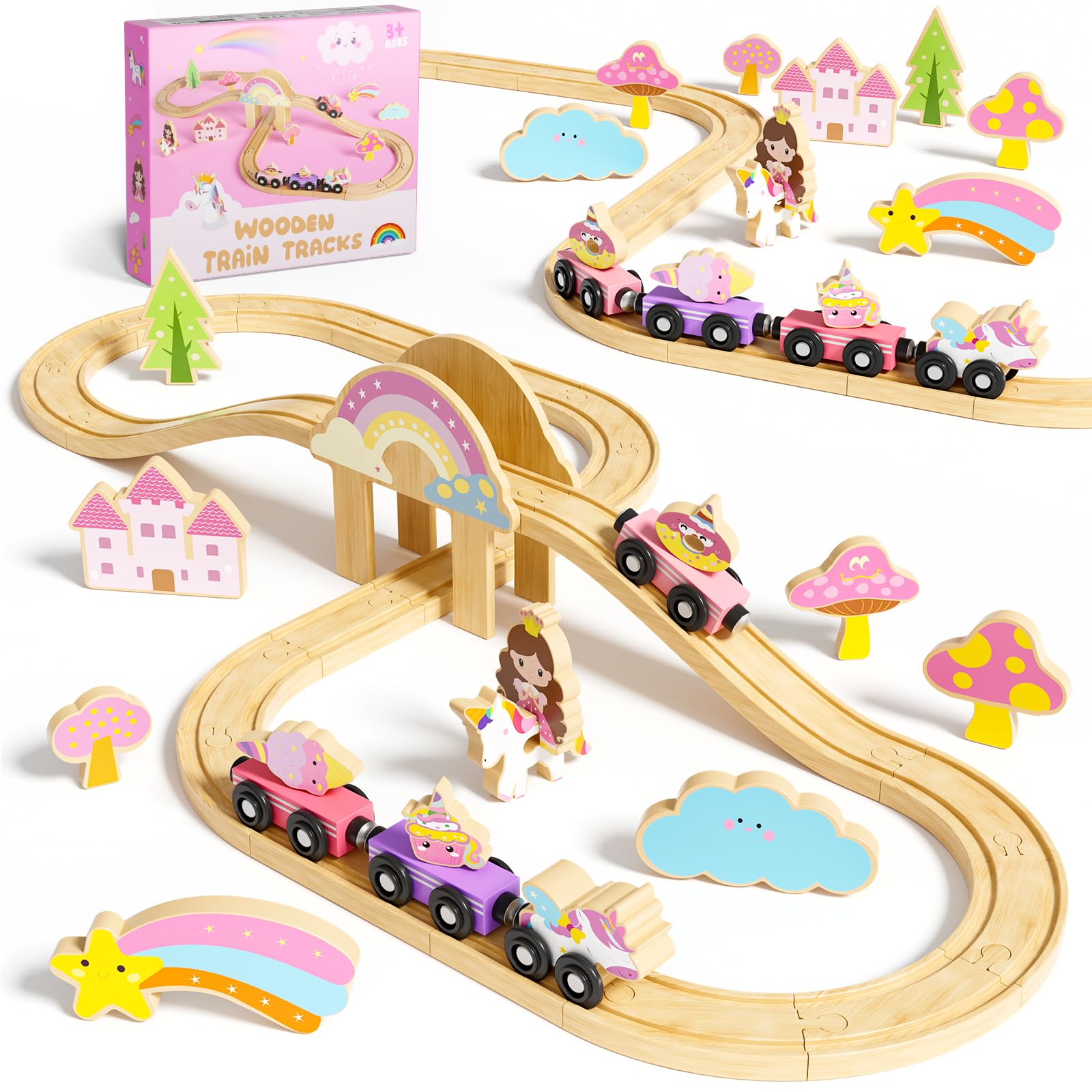 Unicorn Wooden Train Set for Toddlers 38 Pcs Magical Railway Playset for Girls Ages 2-4 Compatible with Wooden Train Tracks