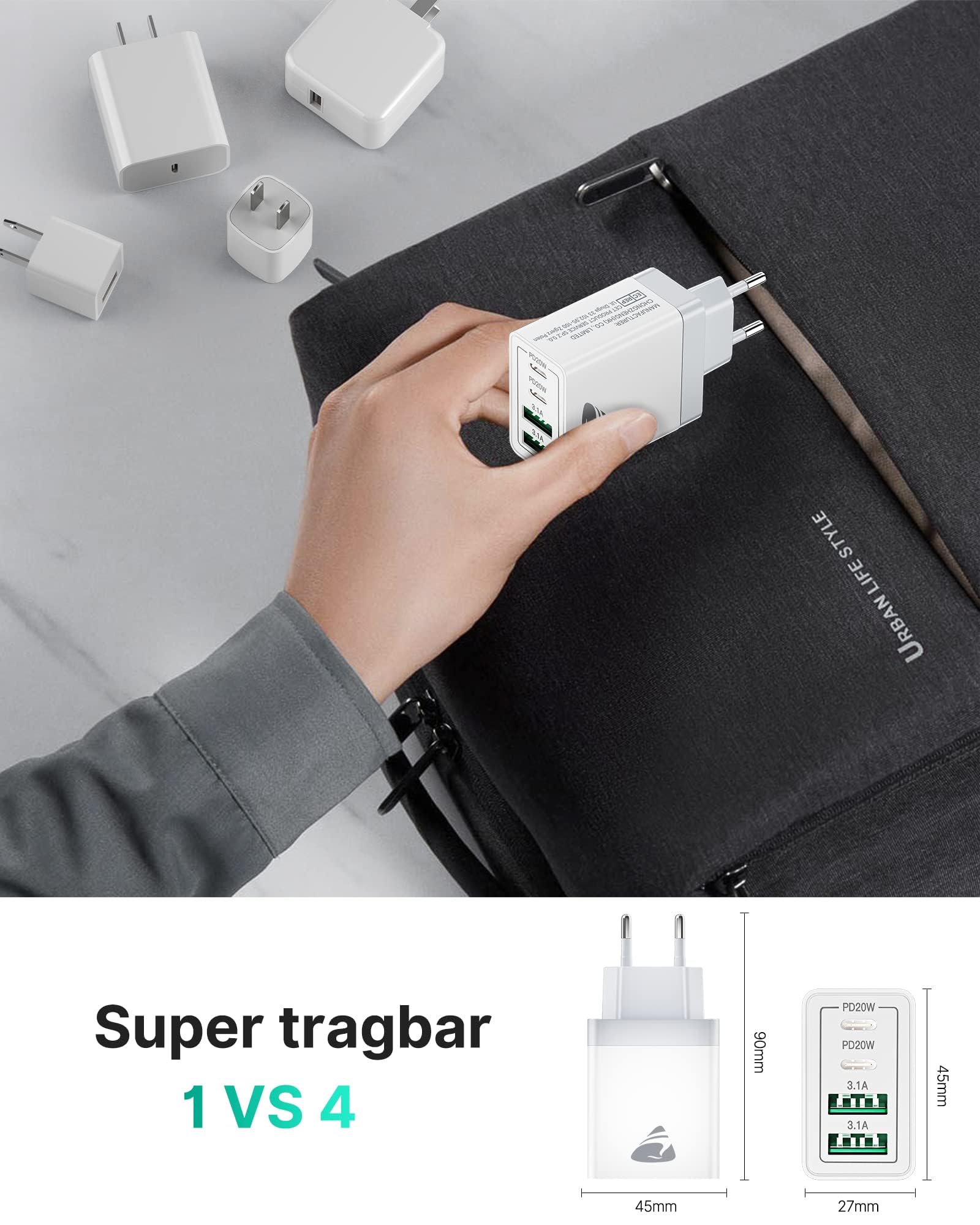 Aioneus USB C Ladegerät, 4 Ports Mehrfach Ladegerät mit USB-C und USB-A, 40W Schnellladegerät PD 3.0 Power Adapter USBNetzteil für iPhone 16 15 14 Pro Max 13 12 11 SE 2020 XS XR 8 7, Samsung, Handys 7