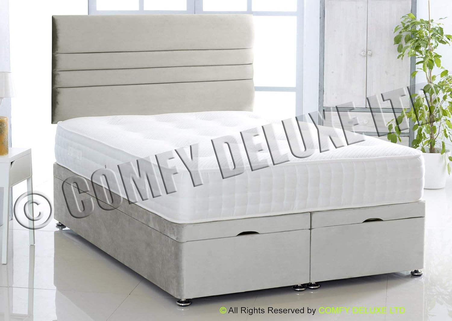 Ottoman Bed Side Lift Plush Velvet Base and Verona HEADBOARD by Comfy