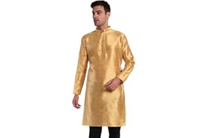 SKAVIJ Men's Art Silk Woven Design Long Kurta Mandarin Collar Straight Shirt