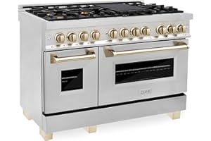 ZLINE Autograph Edition 48 in. 6.0 cu. ft. Legacy Dual Fuel Range with 7 Burner Gas Cooktop and 2 Electric Ovens in Stainless Steel and Polished Gold Accents (RAZ-48-G)