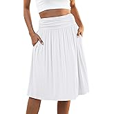 Naggoo Womens Summer Elastic High Waisted Midi Skirts Flowy Aline Pleated Knee Length Skirt with Pockets S-XXXL