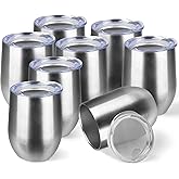 StarSpeed 12oz/8 Pack Wine Tumbler with lid, Stainless Steel Travel Mugs Stemless Double Wall Insulated Coffee Cup, Insulated Wine Glasses Travel Tumbler for Cold & Hot Drinks(Silver, 8)