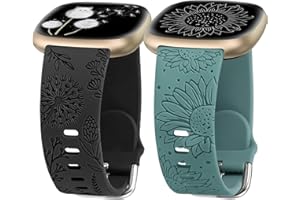 Minyee 2 Packs Floral Engraved Band Compatible with Fitbit Versa 4/Versa 3/Sense 2/Sense Band Women, Cute Silicone Dandelion Sunflower Design Soft Sport Fancy Summer Strap for Versa 4